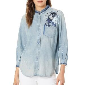 AG Jeans Adriano Goldschmied Denim Top Size Medium Embroidered Distressed Top